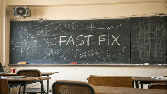 Chalkboard with Fast Fix Writing in Abandoned Classroom Setting