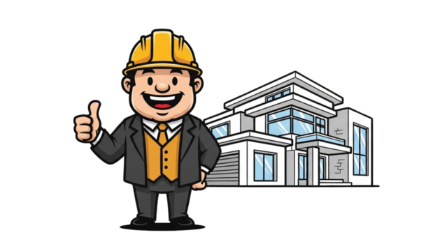 Happy Contractor Approving New Home Construction Cartoon