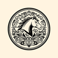 A circular emblem featuring a stylized horse head surrounded by ornate floral scrollwork.