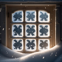frosted glass window with snow pile on sill and warm light illuminating rustic background aesthetic winter wallpaper background