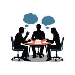 Three silhouetted business people in a meeting around a circular table with thought bubbles above their heads