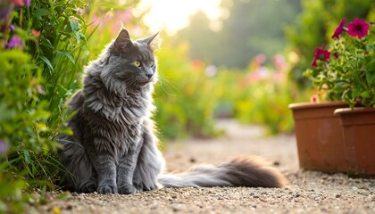 Fluffy gray cat in garden