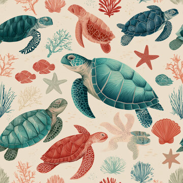 seamless pattern with sea turtles