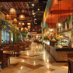 Modern Food Court Interior with Warm Lighting and Cozy Ambiance