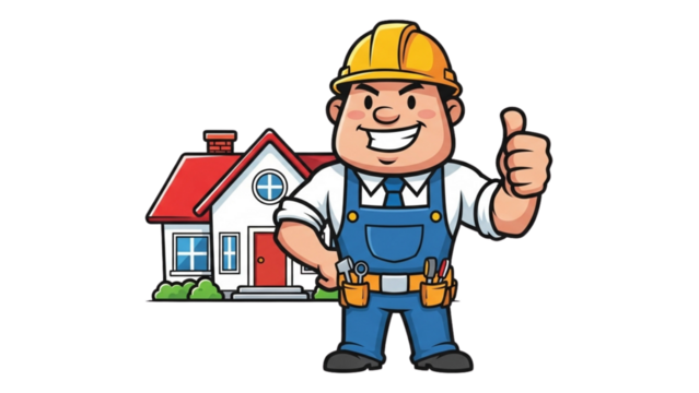 Cartoon Builder Character with Thumb Up in Front of Home