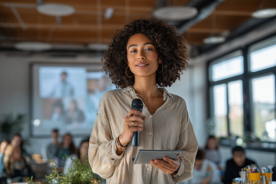 Confident young woman speaking into a microphone while holding a tablet in a modern office presentation, leading a workshop on leadership and teamwork