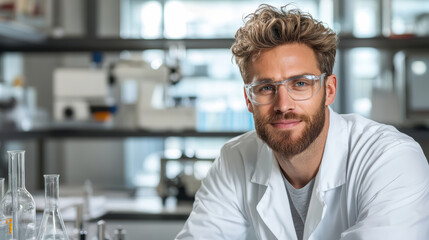Obraz premium Scientist in laboratory with glasses, smiling confidently at camera