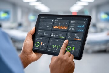 Doctor monitoring patient data on tablet in hospital
