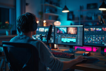 Content creator editing video in a neon-lit home studio — nighttime workstation with dual monitors, microphone, headphones and editing timeline on screen