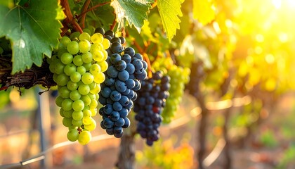 Fototapeta premium Ripe Grapes on the Vine in a Vineyard on a Sunny Day.