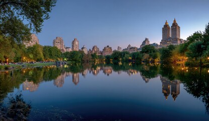 Obraz premium NYC park skyline reflected in placid lake at twilight