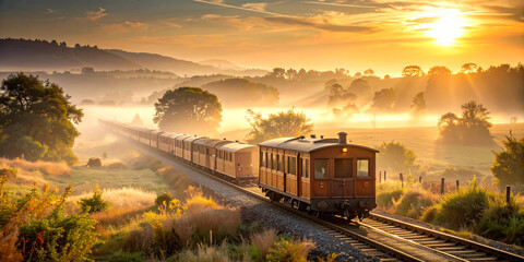 A classic passenger train journeys through a picturesque countryside valley, illuminated by the golden light of a misty sunrise