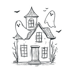 Haunted house with friendly ghosts and bats for Halloween decoration. Vector illustration