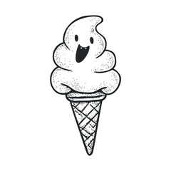 Cute cartoon ice cream cone with a happy smiling face. Vector illustration