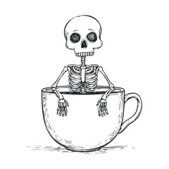 Skeleton enjoying a hot beverage in a large cup. Vector illustration