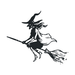 Witch flying on broomstick during Halloween celebration. Vector illustration