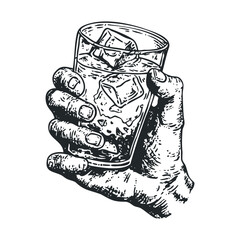 Hand holding a glass with ice cubes and refreshing drink. Vector illustration