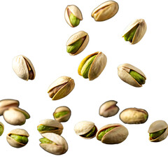 Scattered pistachios with open shells and green nuts on a black background in a studio setting