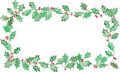 水彩画。水彩タッチのクリスマスひいらぎイラスト。12月のクリスマスフレーム。緑の柊ベクターイラスト。Watercolor painting. Christmas holly illustration with watercolor touch. Christmas frame in December. Green holly vector illustration.