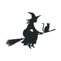 Witches flying on broomsticks with black cats for Halloween decor. Vector illustration