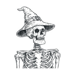 Skeleton wearing a witch hat for Halloween celebration design. Vector illustration
