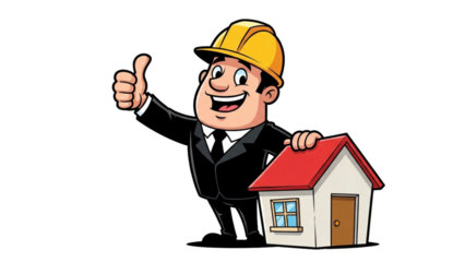 Cartoon builder with house model giving thumbs up, illustration