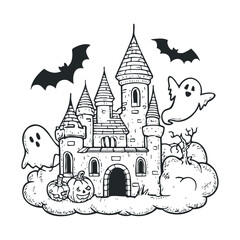 Halloween castle with ghosts and bats for festive decorations. Vector illustration