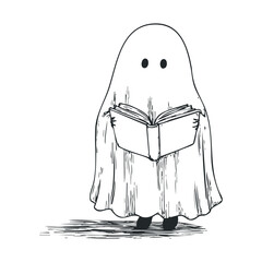 Cute ghost reading a book for Halloween celebration. Vector illustration