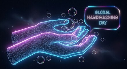 Hands with bubbles for global handwashing day with neon glow effect