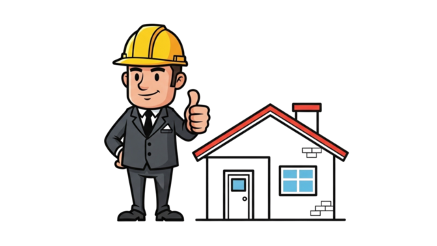 Builder Cartoon Character Thumbs Up with House Icon Illustration
