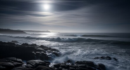 Fototapeta premium Moonlight Waves Crashing on Rocky Shore with Distant Lighthouse Beacon