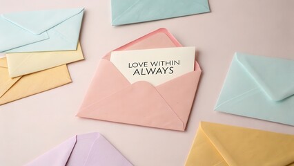 Charming Pastel Envelopes with Romantic Card on Soft Background