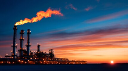 Fototapeta premium Oil refinery flaring gas at sunset, industrial pollution concept
