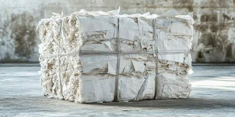 Bale of shredded paper tied with rope, ready for recycling, on a concrete floor