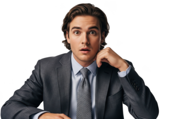 Surprised businessman in suit with hand on chin looking shocked portrait image, headshot, isolated on transparent background