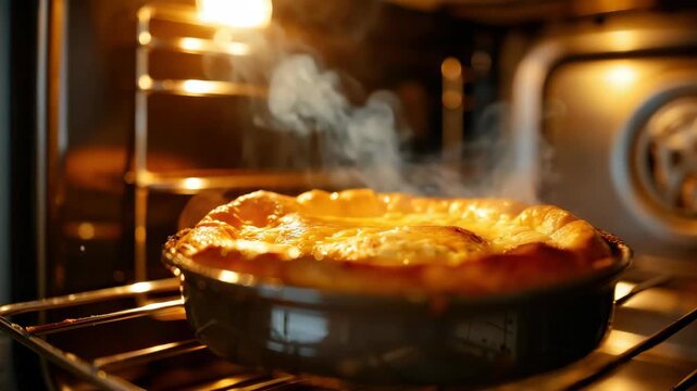Freshly baked pie with golden crust steaming in oven