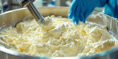 Close up of a machine mixing cream in a stainless steel tank in a food factory