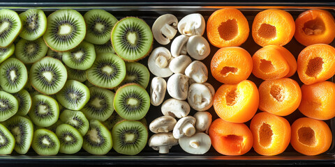 Rows of sliced kiwi fruit, mushroom, and apricot on a black tray, healthy food concept