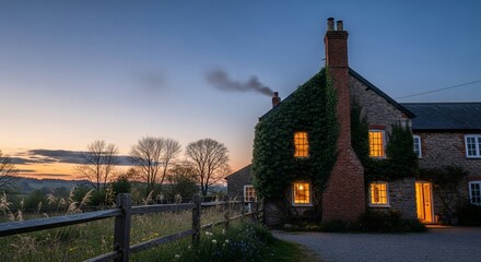 Fototapeta premium Rustic Farmhouse at Dusk with Warm Interior Light