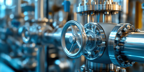 Close up of a valve on a stainless steel pipe, with a blurred background