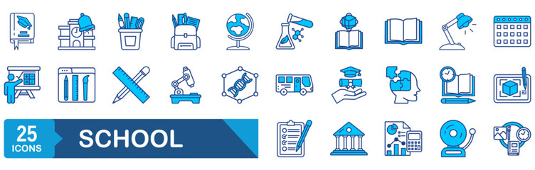 School set of web icons. Education and knowledge icons for web and mobile app. Back to school. Learning, classroom, students, online education. Vector illustration