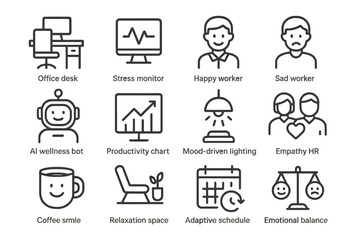 Adaptive Workplace Icons. Outline icon set of Adaptive workplaces: office desk, stress monitor, happy worker,