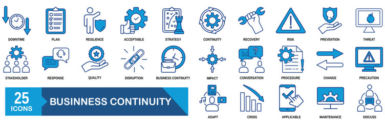 business continuity icon set collection in outline style. an icon pack contain downtime, plan, resilience, acceptable, strategy, continuity 