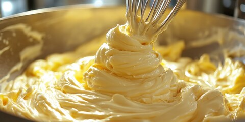 Closeup of a metal whisk mixing a thick, creamy, and smooth yellow batter in a bowl