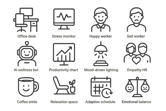 Adaptive Workplace Icons. Outline icon set of Adaptive workplaces: office desk, stress monitor, happy worker,