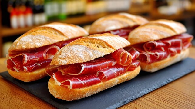 Spanish bocadillo sandwiches serving delicious cured ham on slate