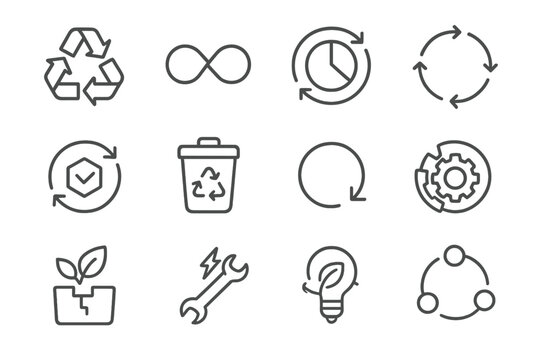 Sustainable Icons Grid. Outline icon set of Circular design systems: recycling arrows, infinite loop, eco
