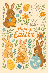 Adorable Easter illustration featuring cheerful bunnies with decorated eggs surrounded by spring flowers and leaves. The festive design conveys joy, celebration, and holiday cheer with the text Happy