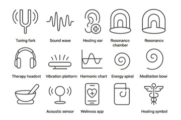 Sonic Healing Icon Set. Outline icon set of Sonic healing technologies: tuning fork, sound wave icon, healing