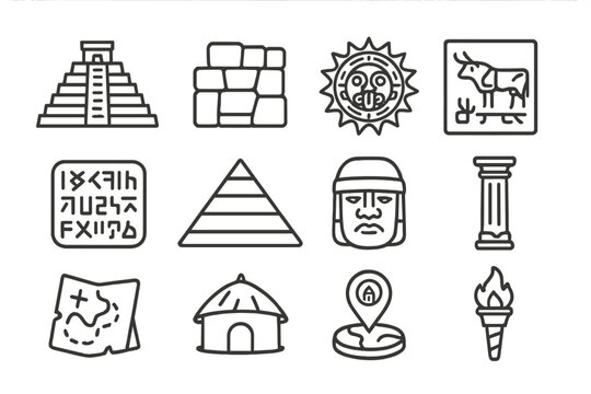 Lost Civilizations Icons. Outline icon set of Lost civilizations: Mayan temple, Incan stone wall, Aztec sun